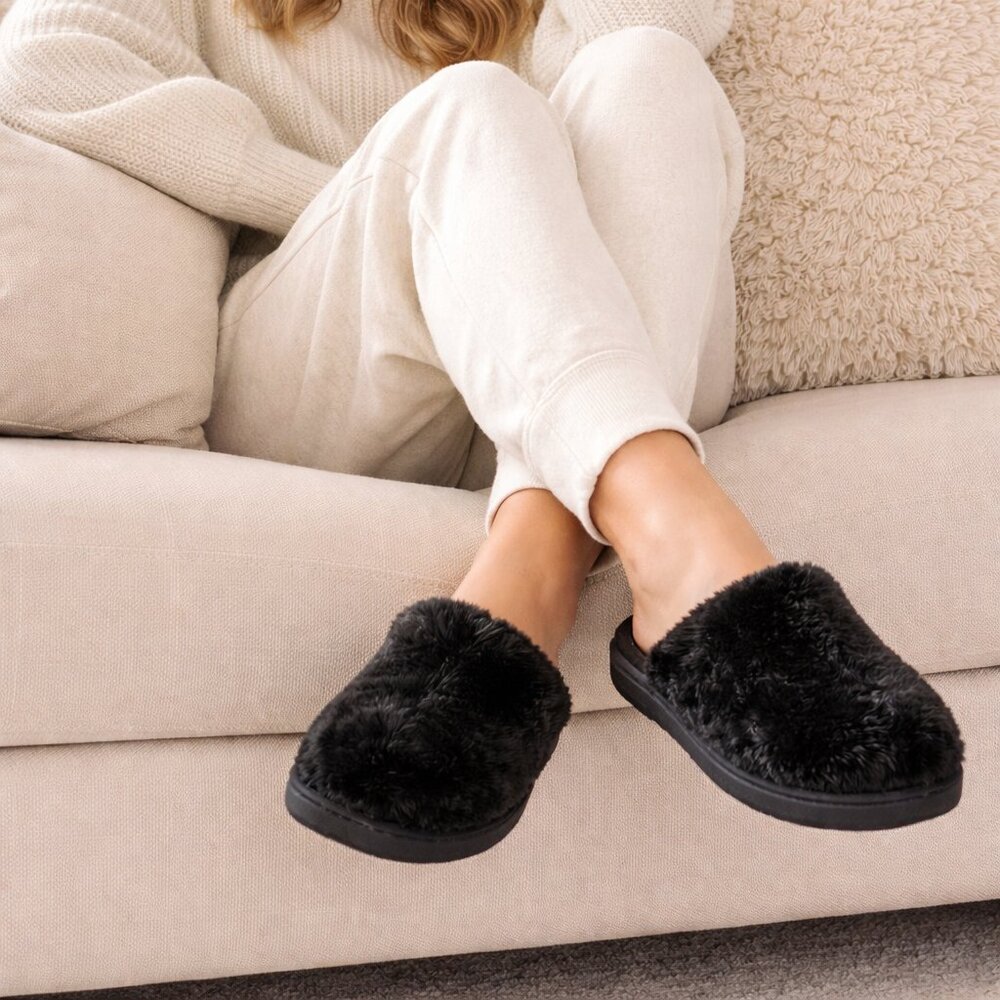 Sale Yug Black Plush Fur Slippers Cozy Soft Indoor House Shoes 5